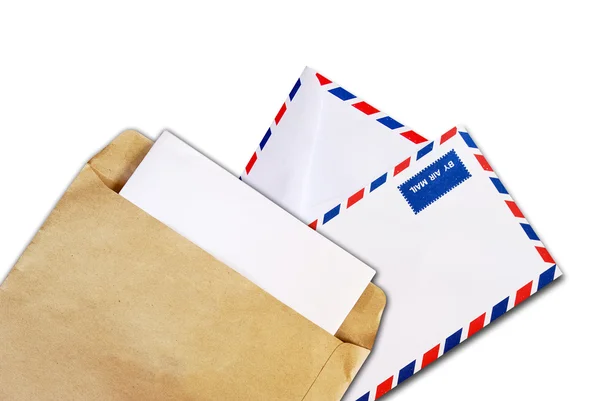 Kağıt Zarf Hava Posta Zarfı Beyaz Zemin Üzerine Izole Kahverengi — Stok fotoğraf