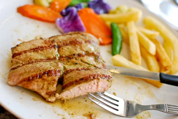 Grilled Pork Steak Set French Fries Vegetable — Stock Photo, Image