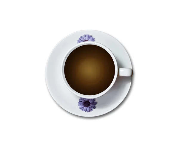 コーヒー カップ花装飾の白い背景で隔離のトップ ビュー — ストック写真