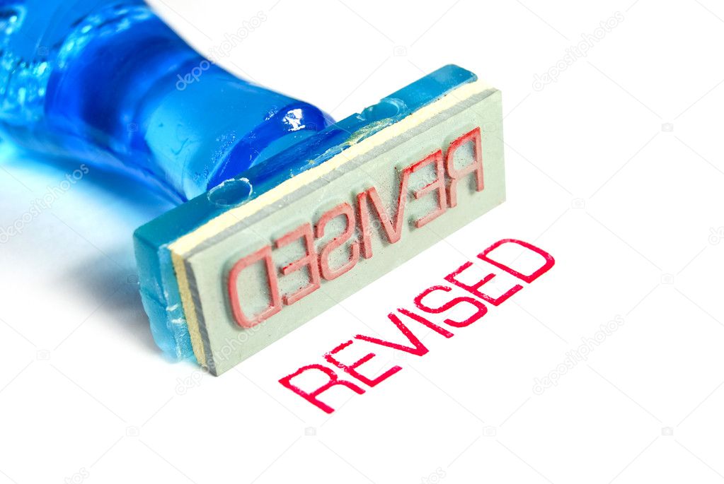 revised letter on blue rubber stamp isolated on white background