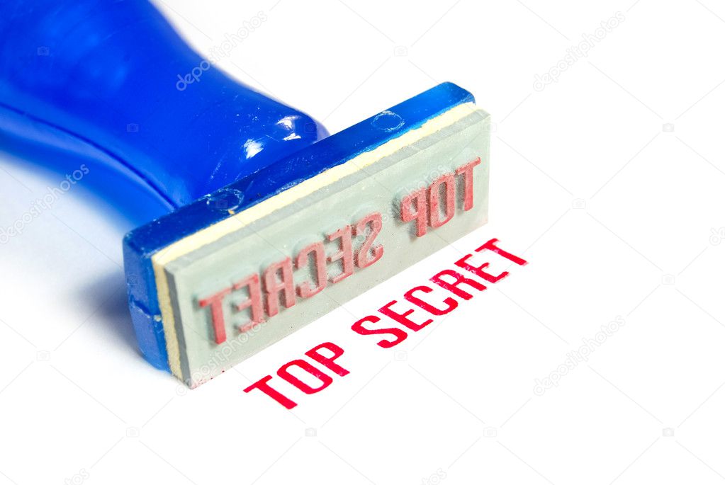 top secret letter on blue rubber stamp isolated on white background