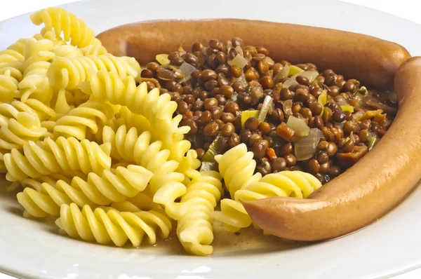 Lentils, noddles and sausage — Stock Photo, Image