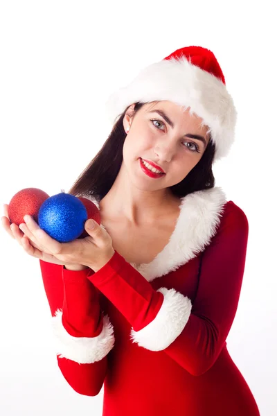 Santa niña sosteniendo una bola de Navidad, vacaciones de Cristo Año Nuevo y Navidad — Foto de Stock