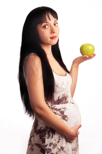 Piękna Młoda Dziewczyna Ciąży Jest Jedzenie Jabłka Mama Matka Macierzyństwo — Zdjęcie stockowe