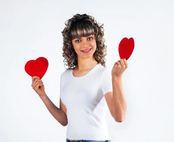 Mooi meisje houdt het hart, liefde, Valentijnsdag hol — Stockfoto
