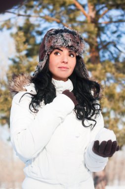 güzel bir genç kız bir yürüyüş winter Park, kış, kar,