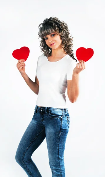 Joven Hermosa Chica Mantiene Corazón Amor Día Fiesta San Valentín — Foto de Stock