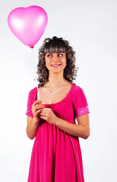Young Beautiful Girl Holding Balloon Heart Love Valentine Day — Stock Photo, Image