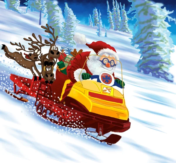 Papá Noel a horcajadas en una moto de nieve — Foto de Stock