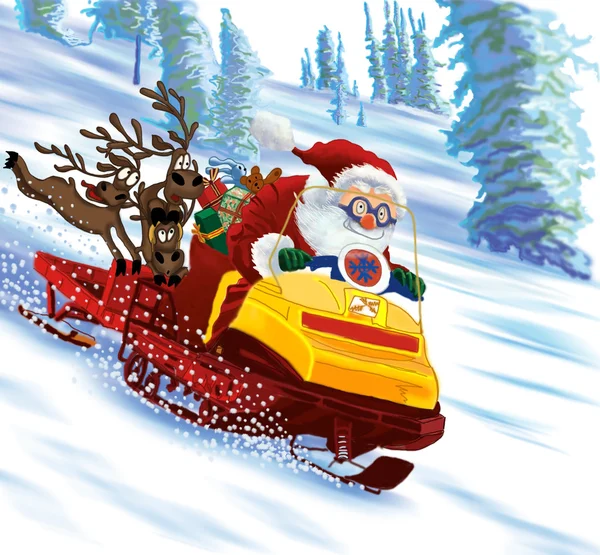 Papai Noel montar uma moto de neve — Fotografia de Stock