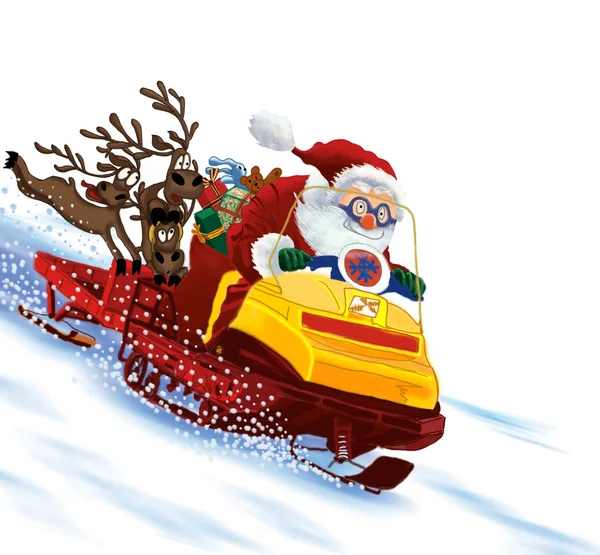 Papai Noel montar uma moto de neve — Fotografia de Stock