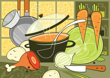 Cooking in the interior of the home kitchen. Still life of vegetables and pot of soup. Vector illustration. clipart