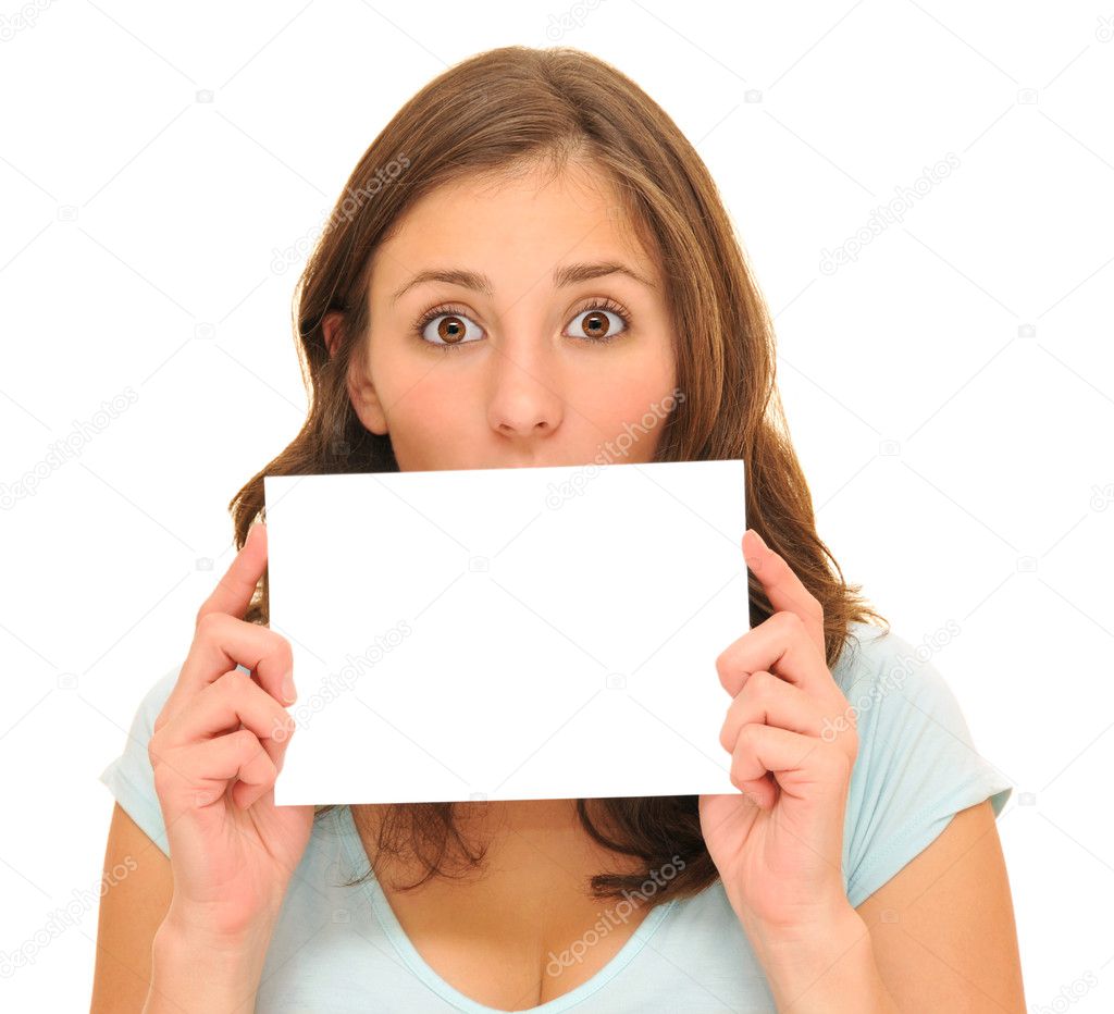 beautiful woman holding blank card — stock photo