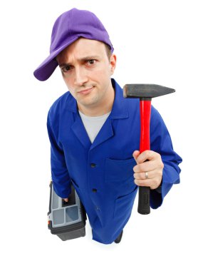 Awkward repairman with hammer clipart