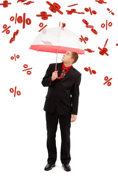 Man under falling percents — Stock Photo, Image