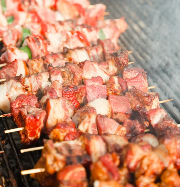 Meat pieces being fried; shish kebab — Stock Photo, Image