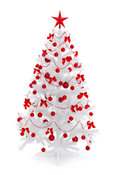 Sapin de Noël blanc avec décoration rouge — Photo