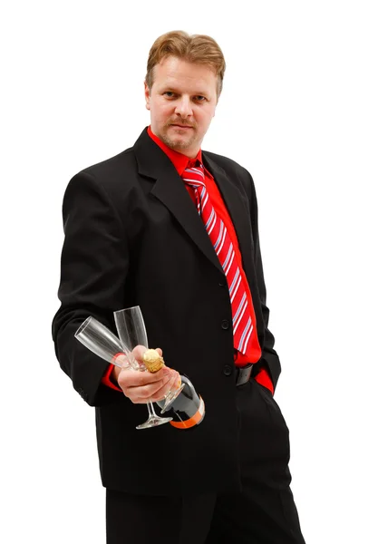 Homem de negócios com champanhe e copos — Fotografia de Stock