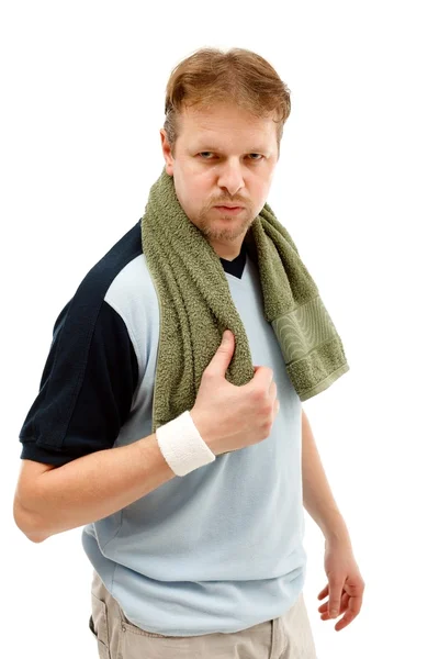 Tired Sportsman Green Towel His Neck — Stock Photo, Image