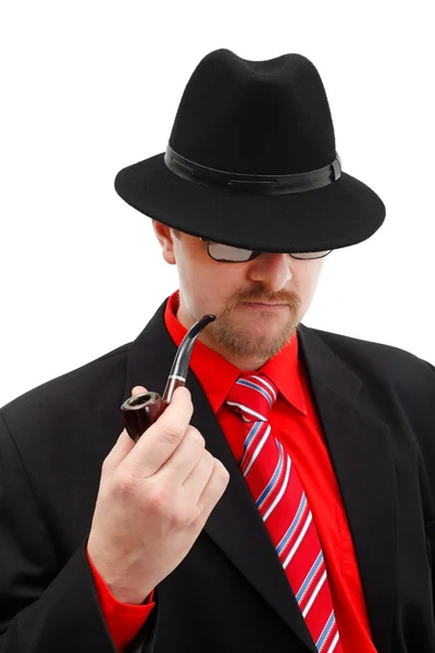 Confident Man Black Pipe Wearing Hat Dark Glasses — Stock Photo, Image