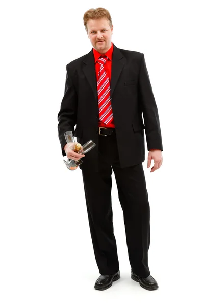 Muž hospodářství šampaňské a brýle — Stock fotografie