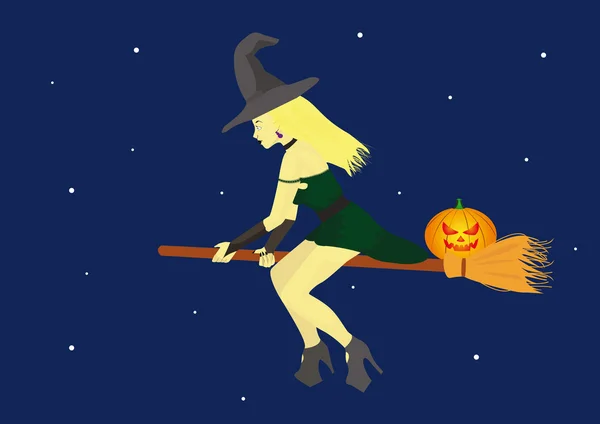 Witch on a broom with pumkin — Stock Vector