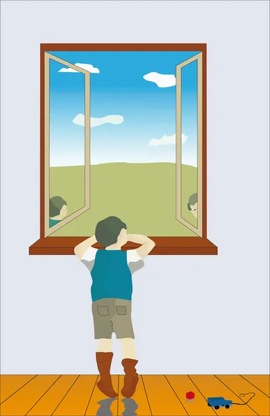 The boy looks out of the window — Stock Vector