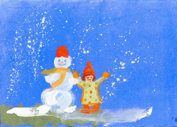 Снеговик и ребенок — стоковое фото