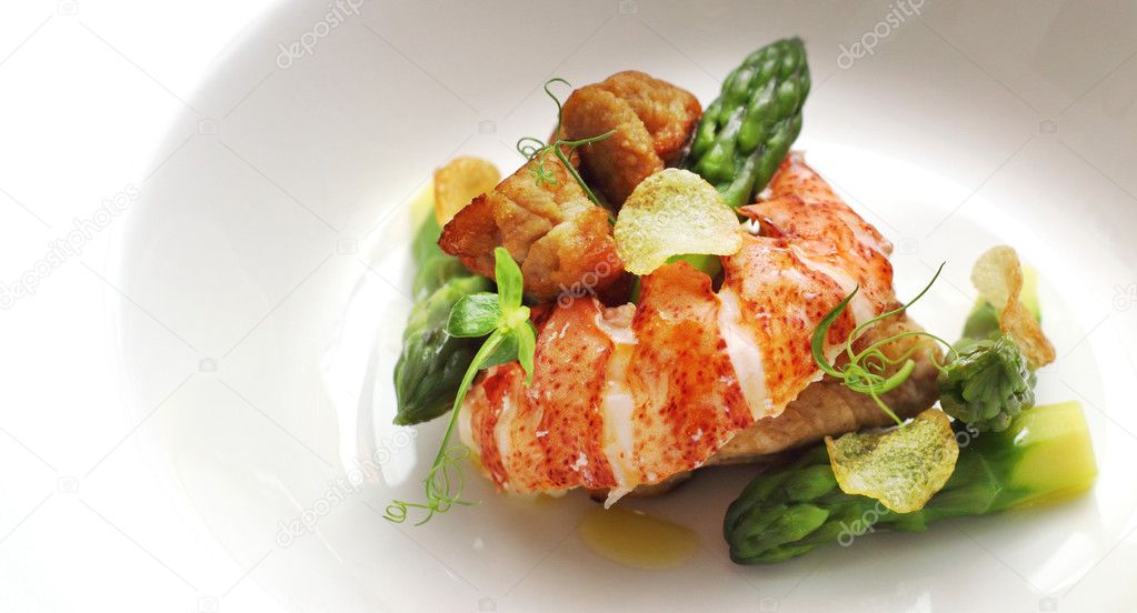 Lobster and veal sweetbread with asparagus