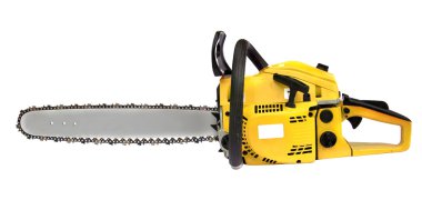 Beyaz arka plan üzerinde izole sarı chainsaw