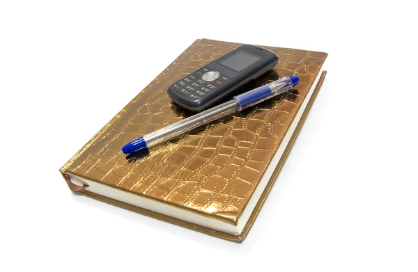 Дневник Телефон Ручка Изолированы Белом — стоковое фото