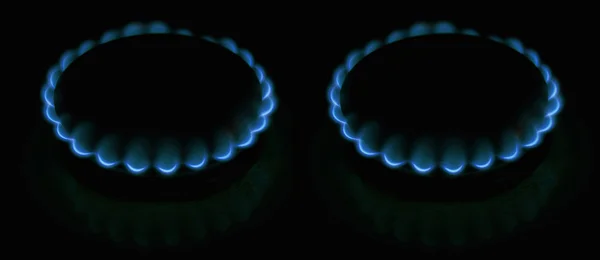 Twee Gas Ringen Nachtlicht Vergassing Blauw — Stockfoto