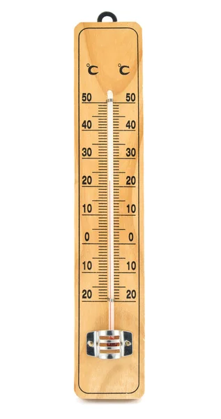 Termometr Drewniany Białym Tle Białym Tle — Zdjęcie stockowe