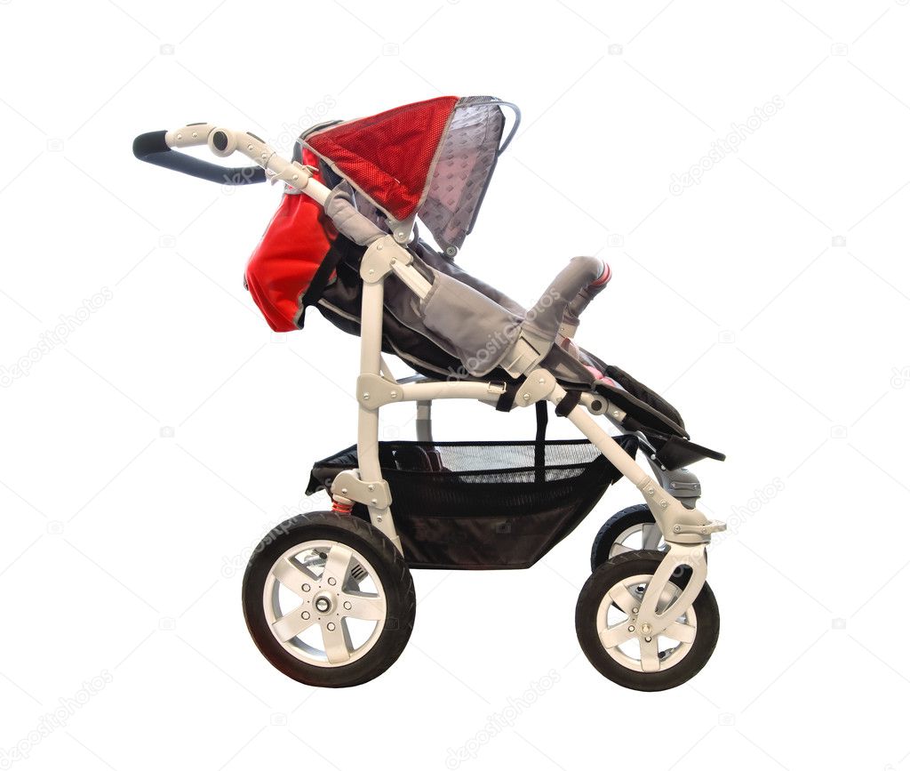 Red baby stroller isolated on white background