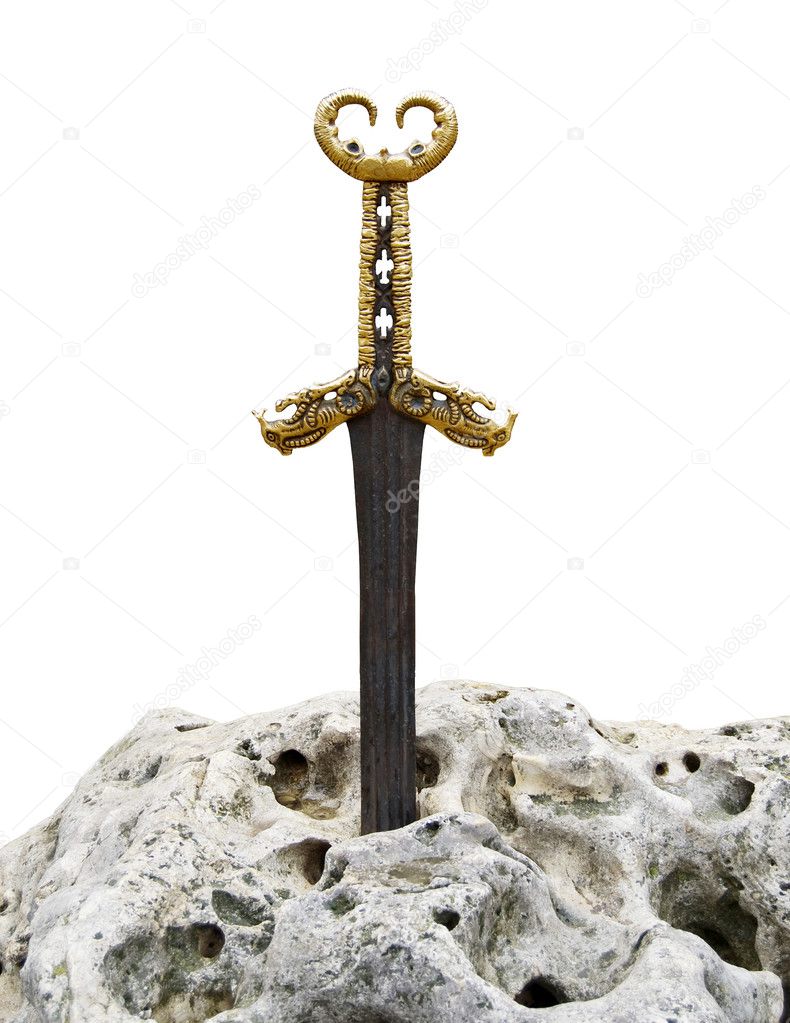 Sword in the stone is isolated on a white background