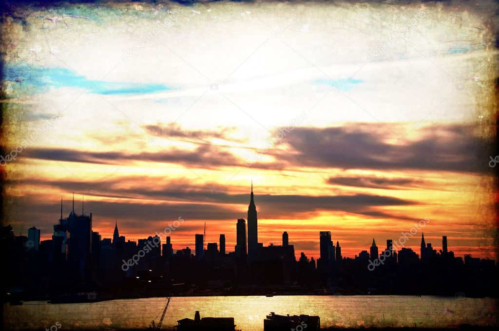 Early sunrise cityscape skyline silhouette, usa