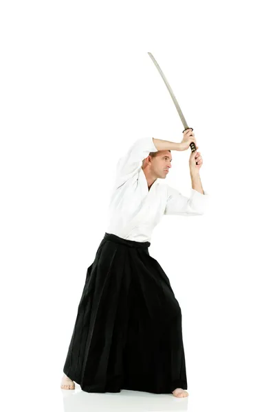 Halverwege Volwassene Man Gekleed Traditionele Kimono Demontrating Martial Arts Bestrijding — Stockfoto