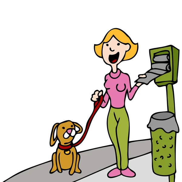 Using Pet Waste Bag Dispenser While Walking Dog — Stock Vector