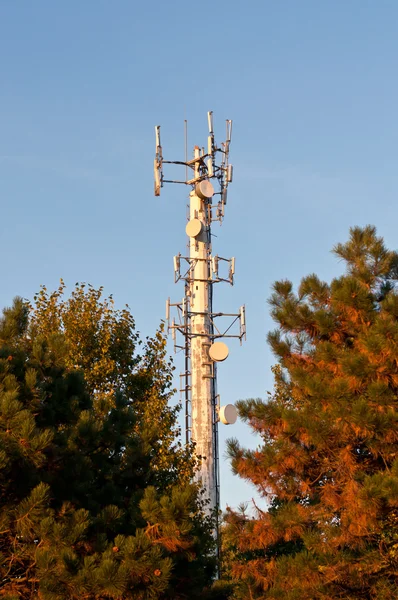 Torre de telecomunicaciones blanca con árboles y cielo azul —  Fotos de Stock