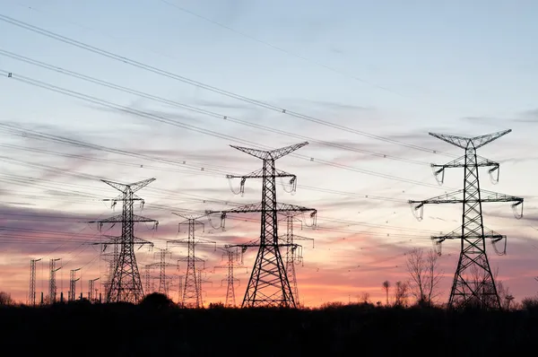 Elektrisk överföring står hög (kraftledningsstolparna) vid solnedgången Stockfoto