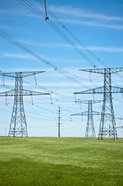 青い空と緑の草と電力線 — ストック写真