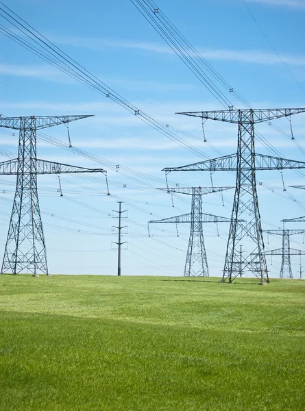 Elektrische leidingen met blauwe lucht en groen gras — Stockfoto