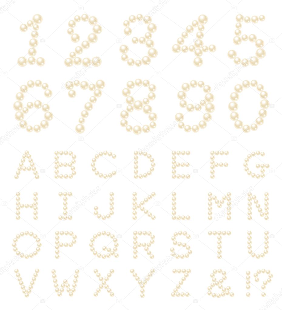 Set of pearl numbers and alphabets illustration.