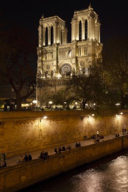 Embankment of Seine River and Notre Dame de Paris at night clipart