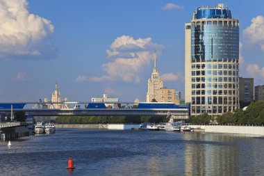 Beautiful view of modern Business Centre and pedestrian bridge Bagration over Moscow river, Moscow, Russia clipart