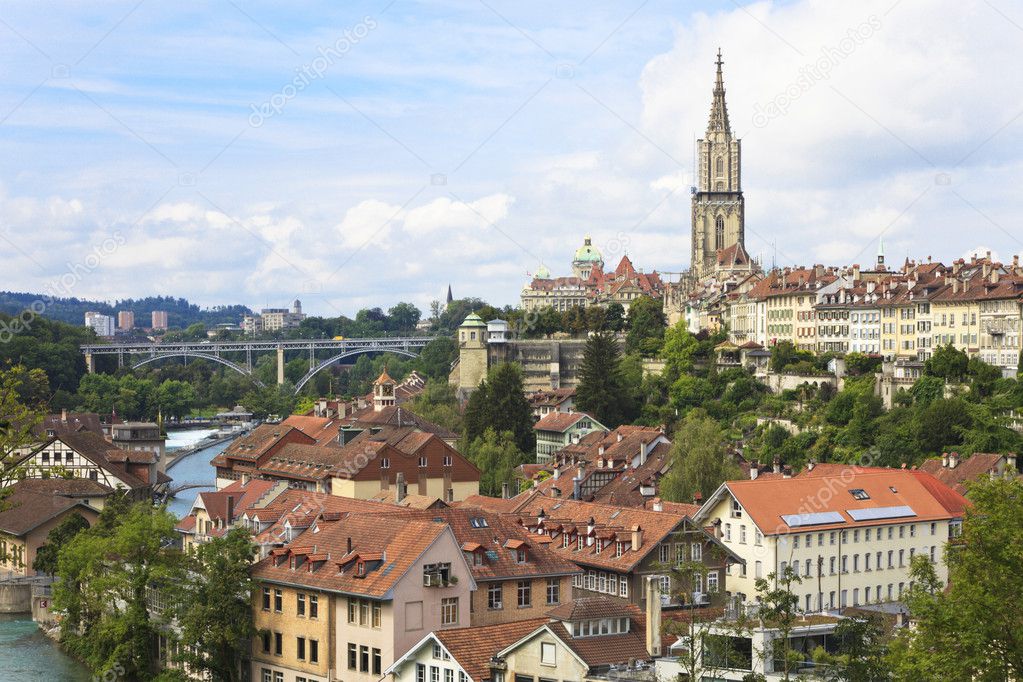 Bern, the capital of Switzerland. Panorama with cathedral and river Aare.