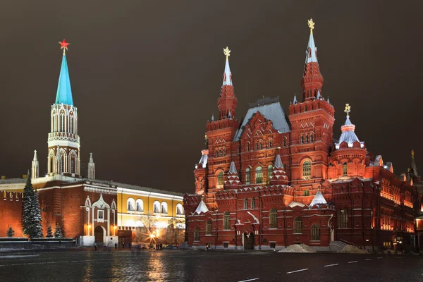Night View Nikolskaya Tower Kremlin Historical Museum Red Square Moscow — Stock Photo, Image