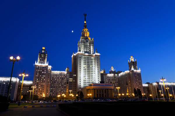 Lomonosov Moscow State University, Main Building at night. Russia