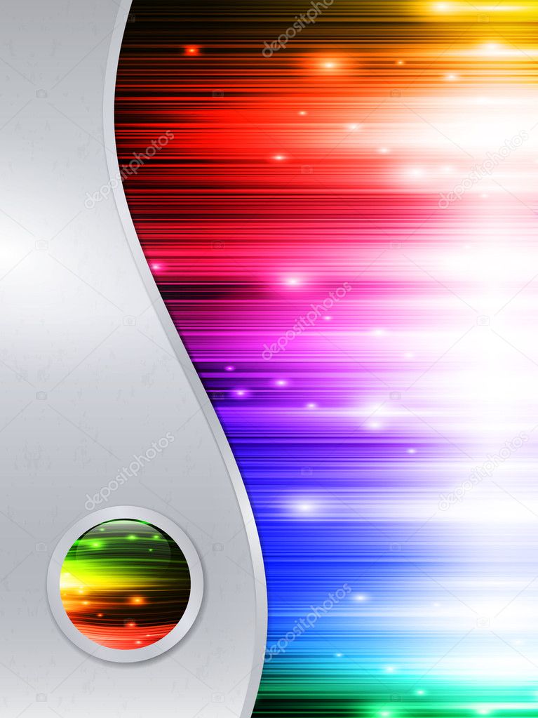 Rainbow multicolored abstract bright background in metal frame with glossy button