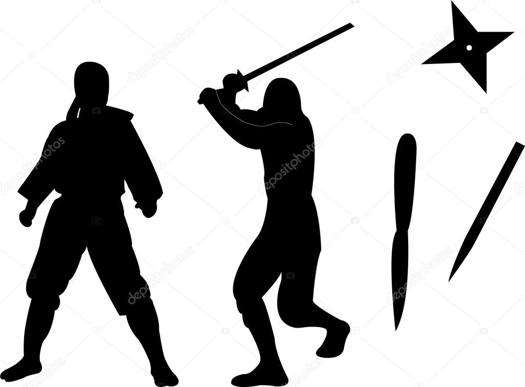 Ninja with equipments silhouette - vector
